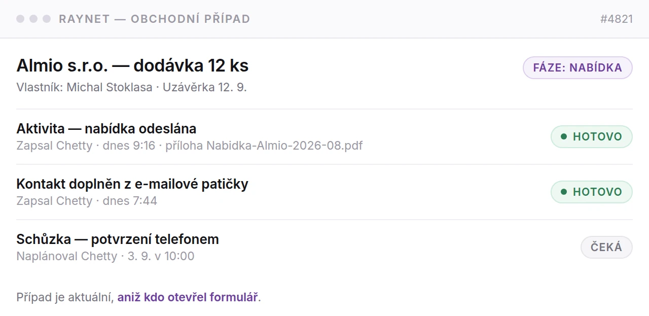 Obchodní případ v CRM aktualizovaný agentem