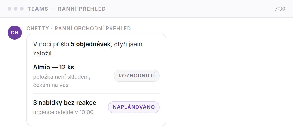 Ranní přehled od agenta v Teams