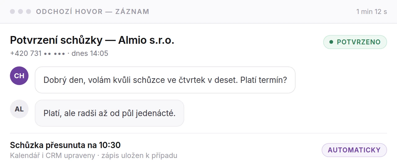 Záznam odchozího hovoru agenta